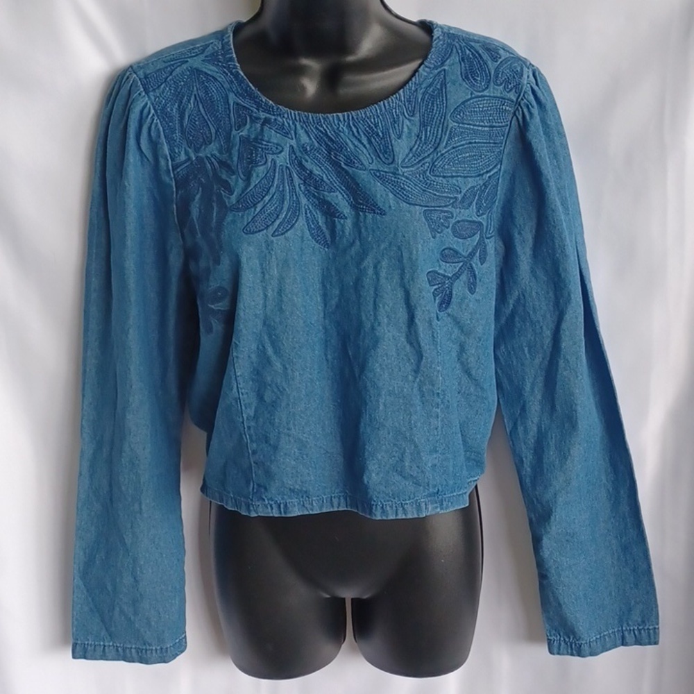 Broadway 38 Blue Embroidered Cotton Denim Crop Top Sz M